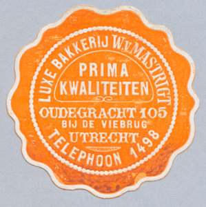 711036 Sluitzegel van W. van Mastrigt, Luxe Bakkerij, Oudegracht [W.Z.] 105 bij de Viebrug te Utrecht.N.B. Het adres is ...